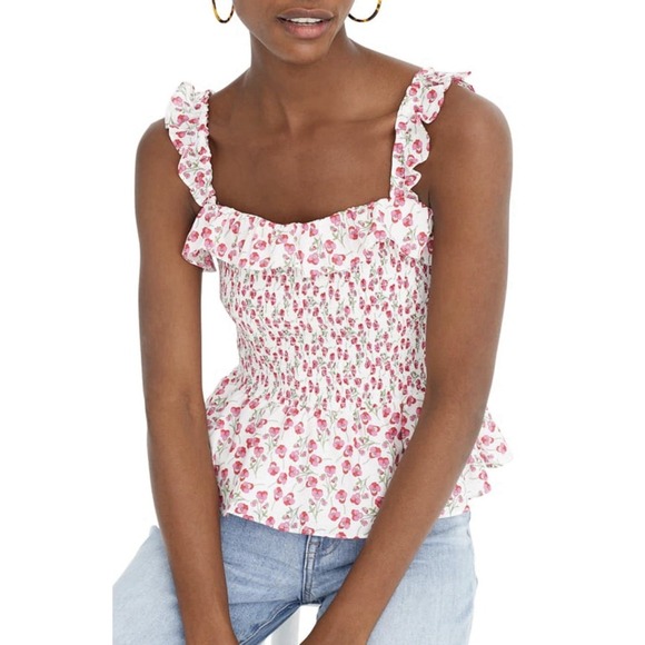NEW! J. Crew Liberty of London Rose Floral Smocked Ruffle Top Pink SZ S - Picture 2 of 13